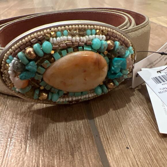 Chicos Turquoise Neutral Belt Beaded Novelty Buckle Genuine Leather Womens L NWT main image 11